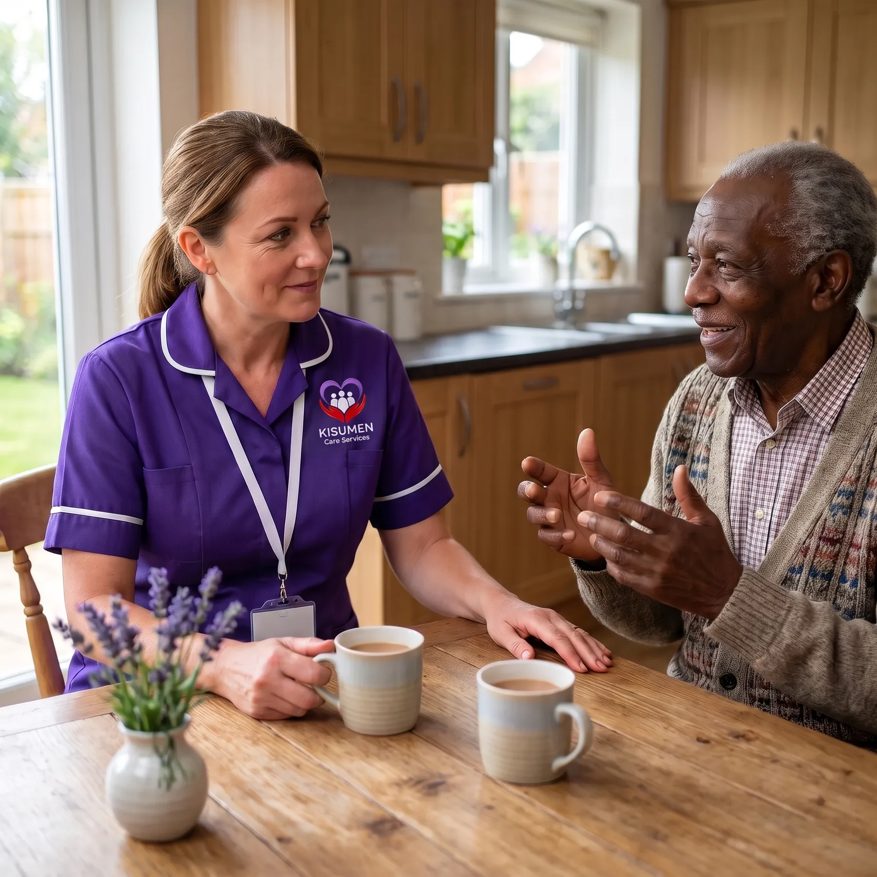 Kisumen carer listening carefully to an elderly gentleman over a cup of tea at home