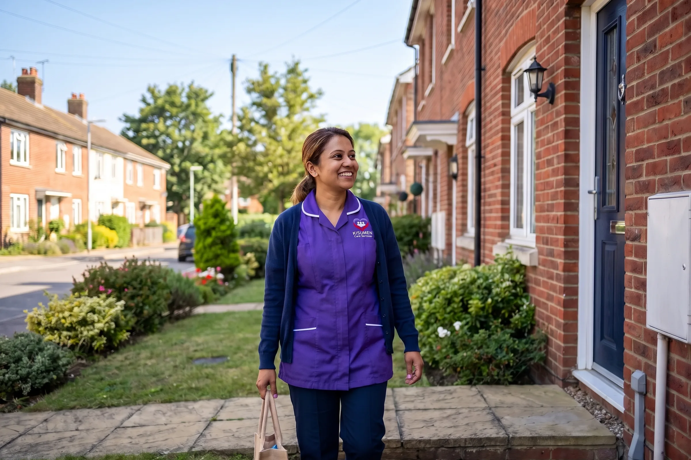 Kisumen carer arriving at a client's home on a residential street in Medway, Kent