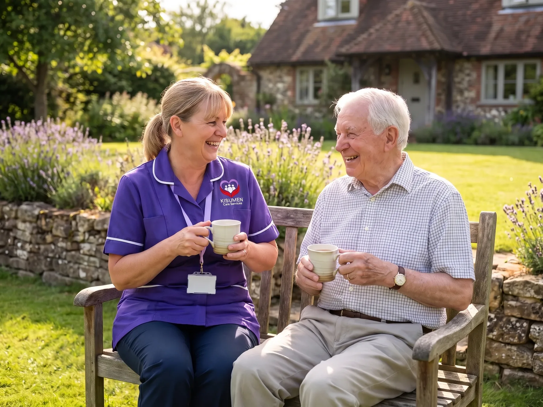 Kisumen carer sharing a cup of tea with an older man in his garden