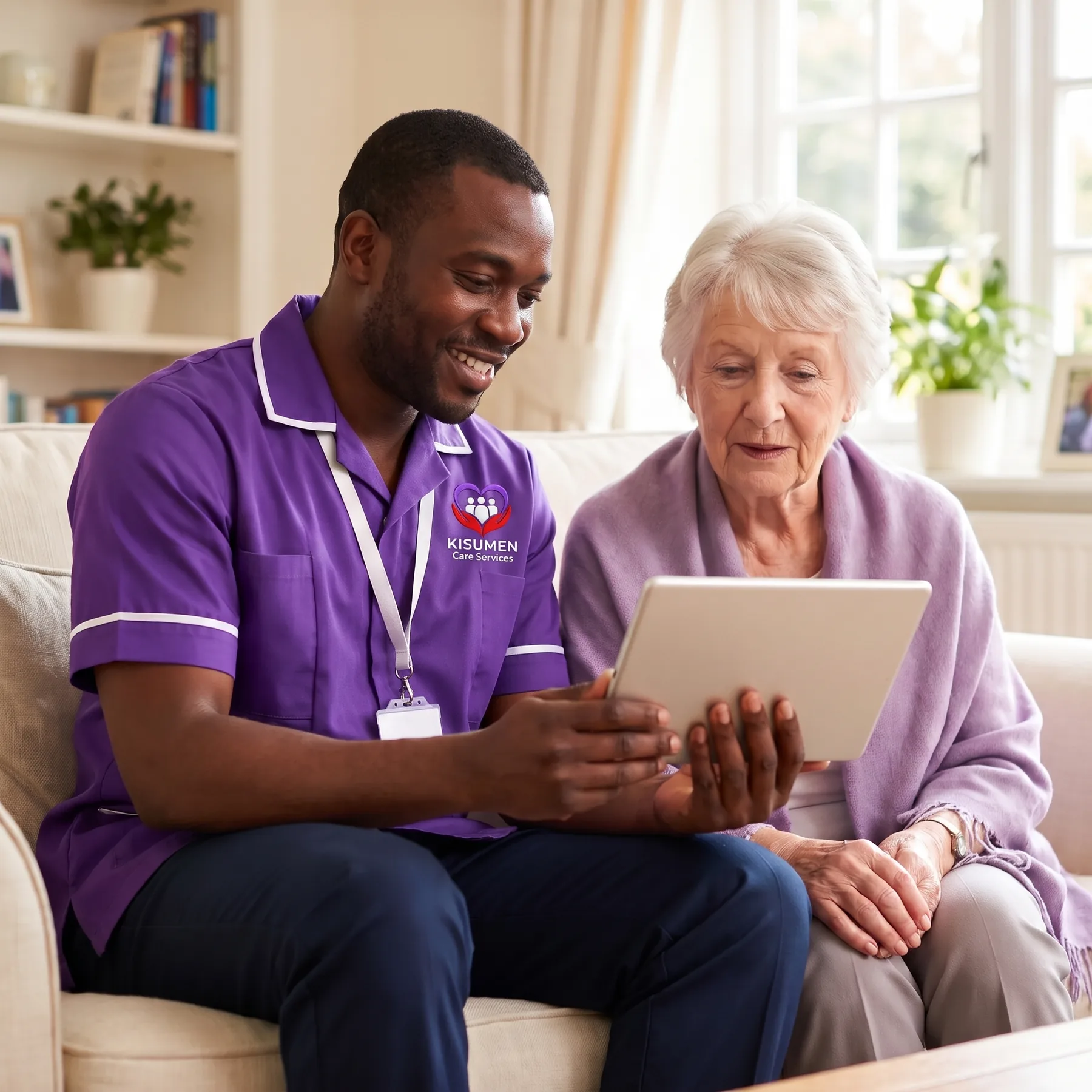 Kisumen care coordinator talking an elderly woman through her care quote on a tablet