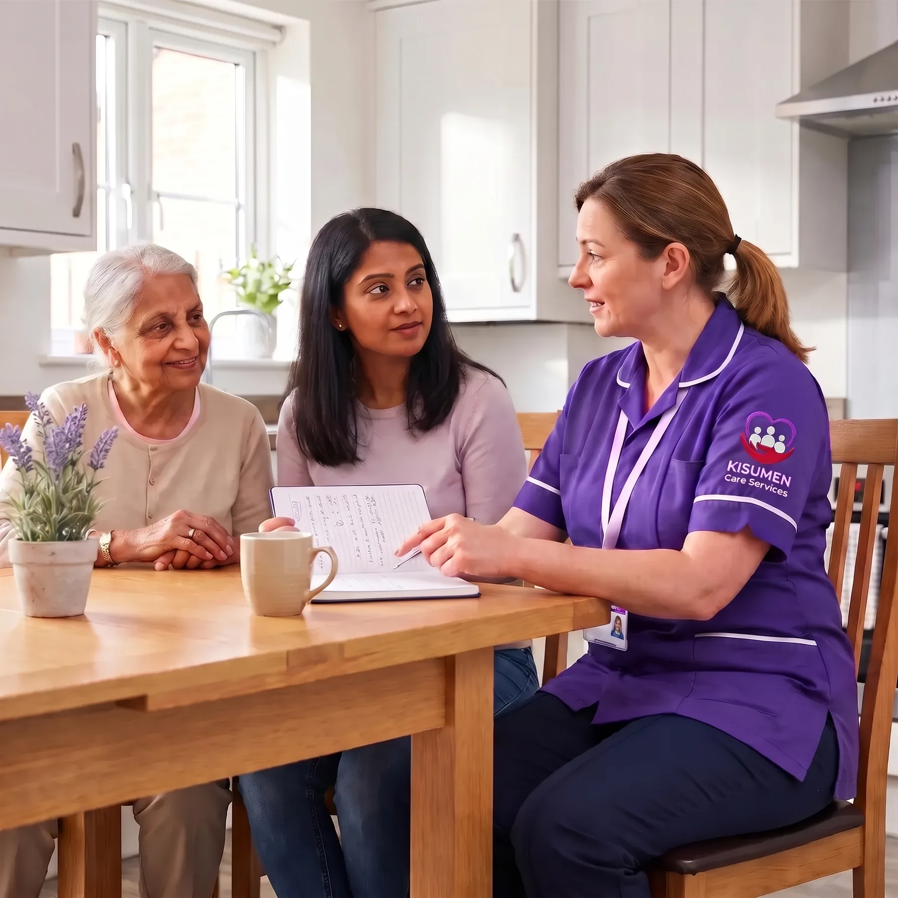 Kisumen care coordinator talking through home care options with a mother and daughter at the kitchen table