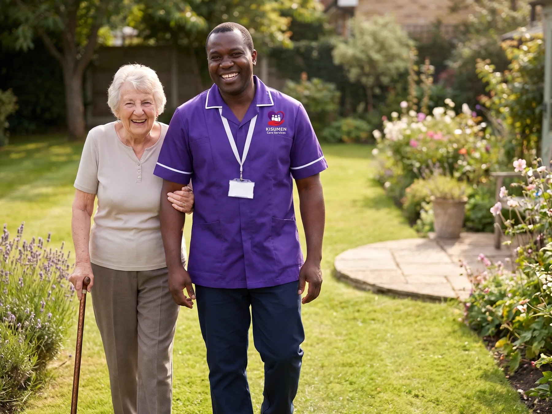 Kisumen carer walking with an older woman in her garden as part of personalised care at home