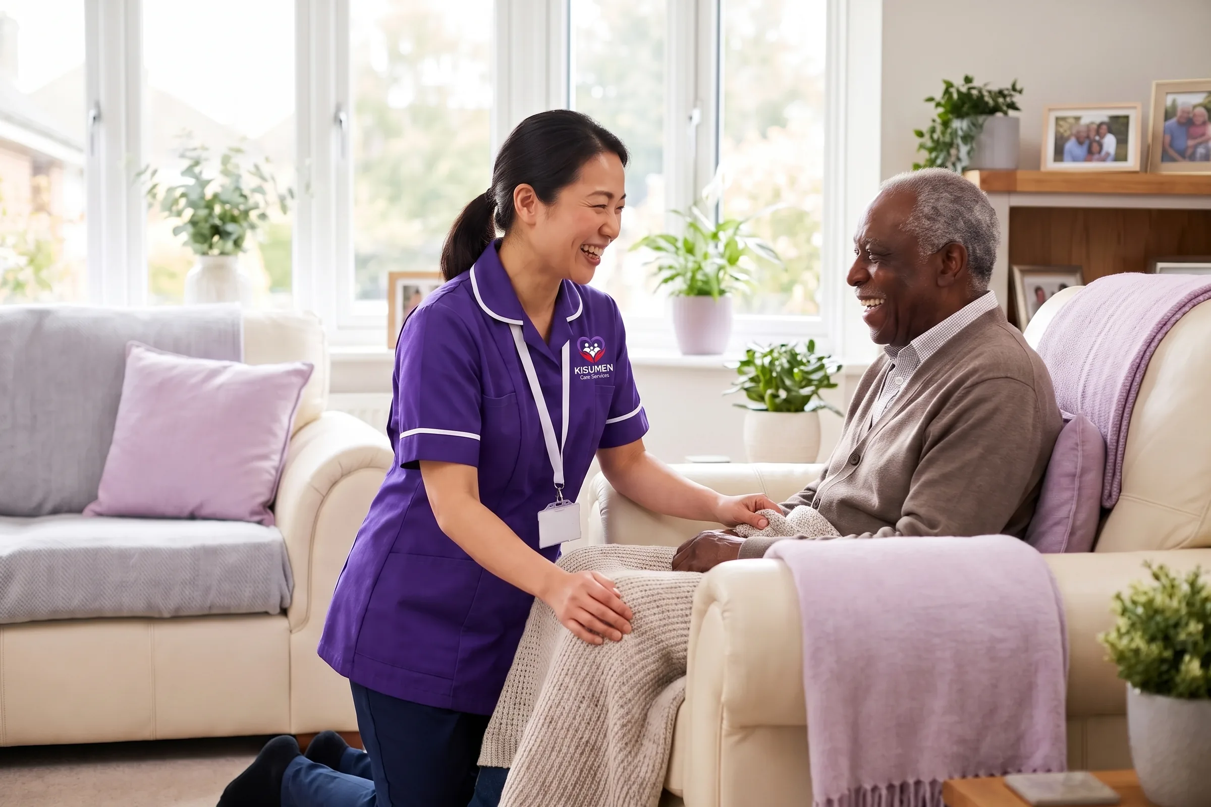 Kisumen Care Services carer in purple uniform supporting an elderly man in his armchair at home