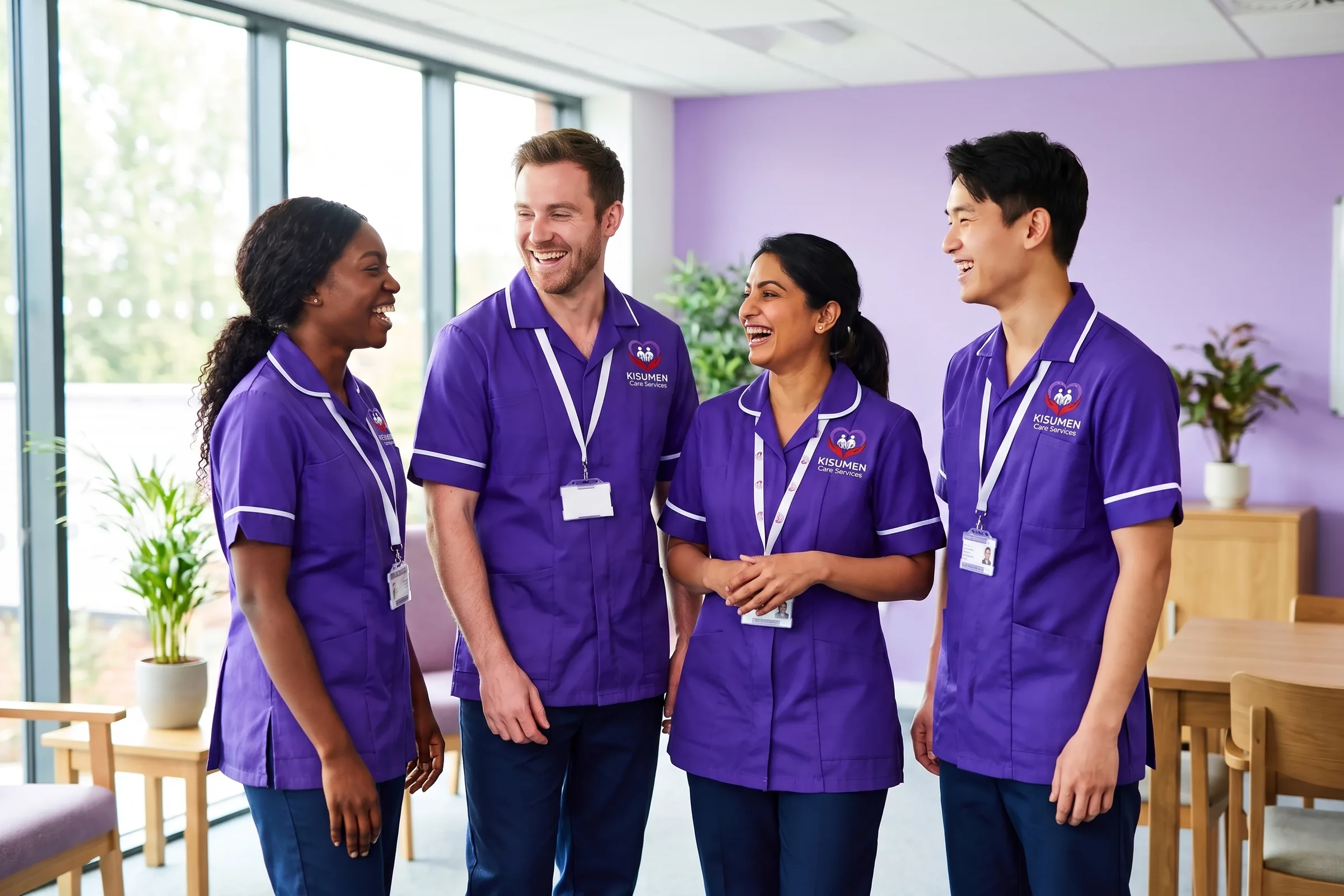 Happy, diverse team of Kisumen carers in purple uniforms, recruiting for care jobs in Kent