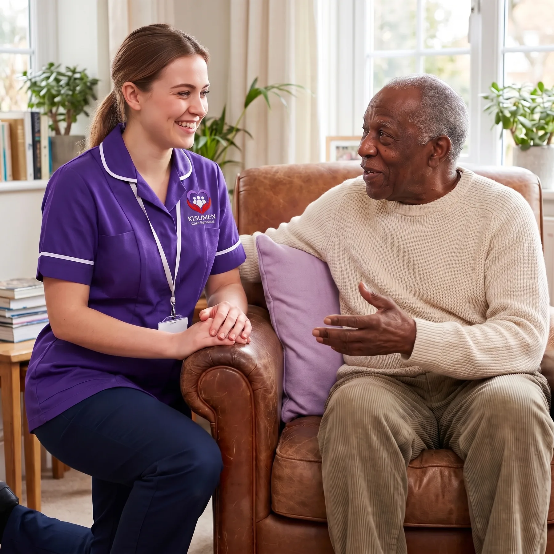 Young Kisumen carer listening kindly to an elderly gentleman, showing the values we look for