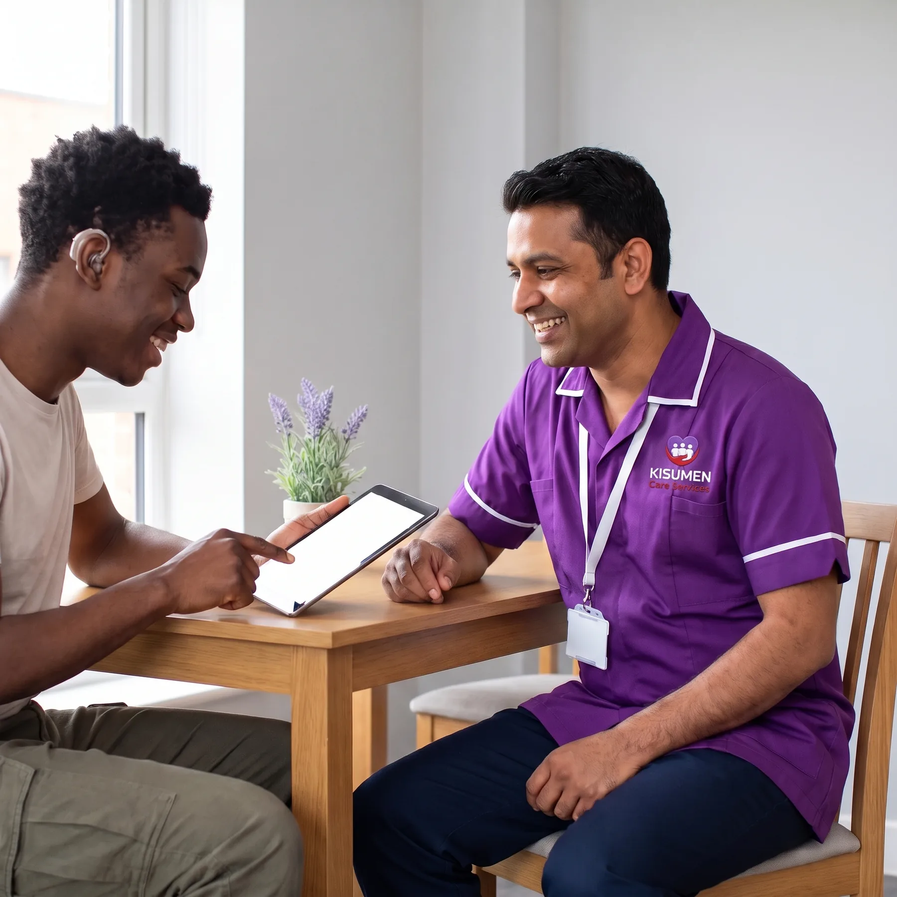 Kisumen support worker planning personal goals with a young man with hearing loss at home