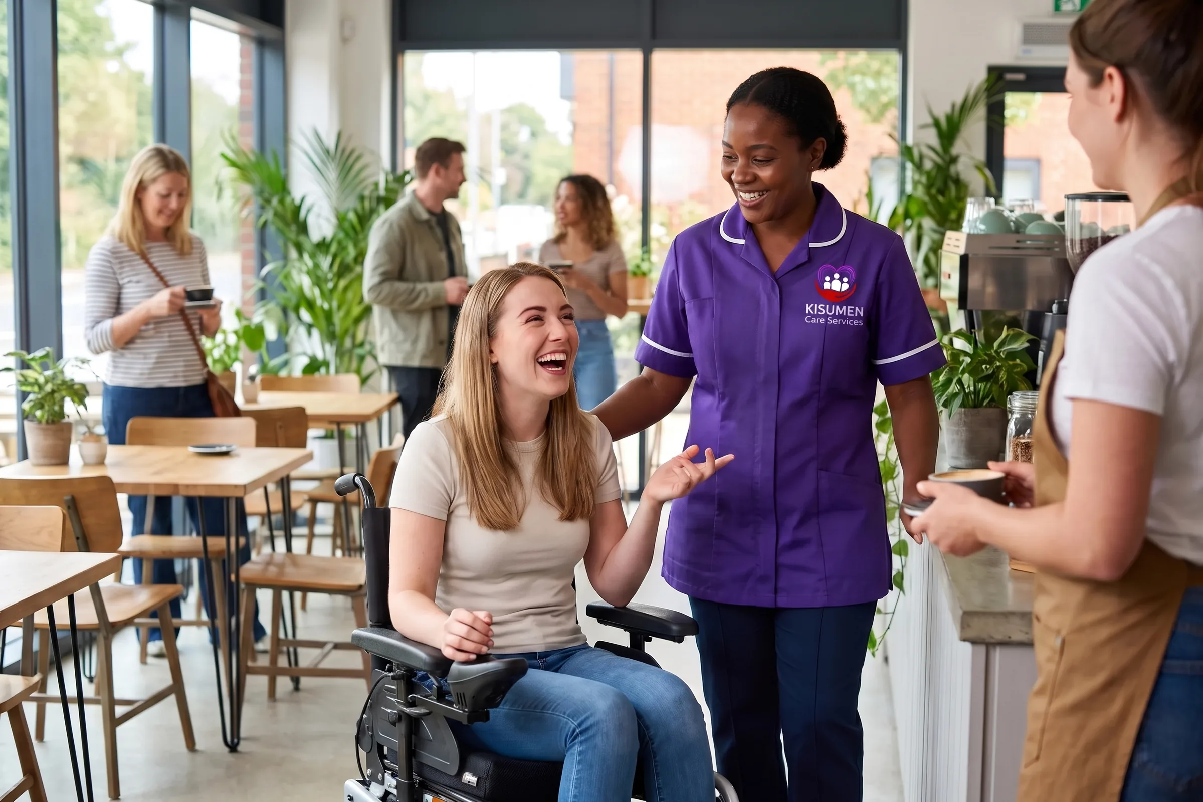Young woman using a wheelchair ordering coffee with support from a Kisumen disability support worker