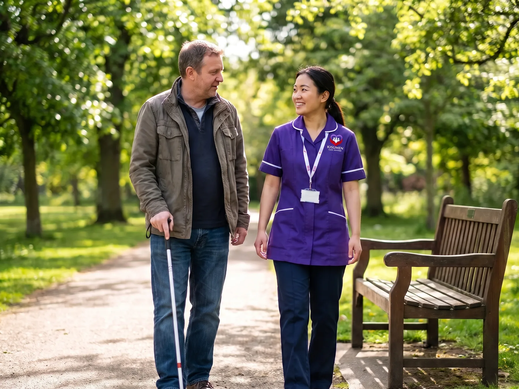 Kisumen support worker walking in a park with a man with sight loss who uses a white cane