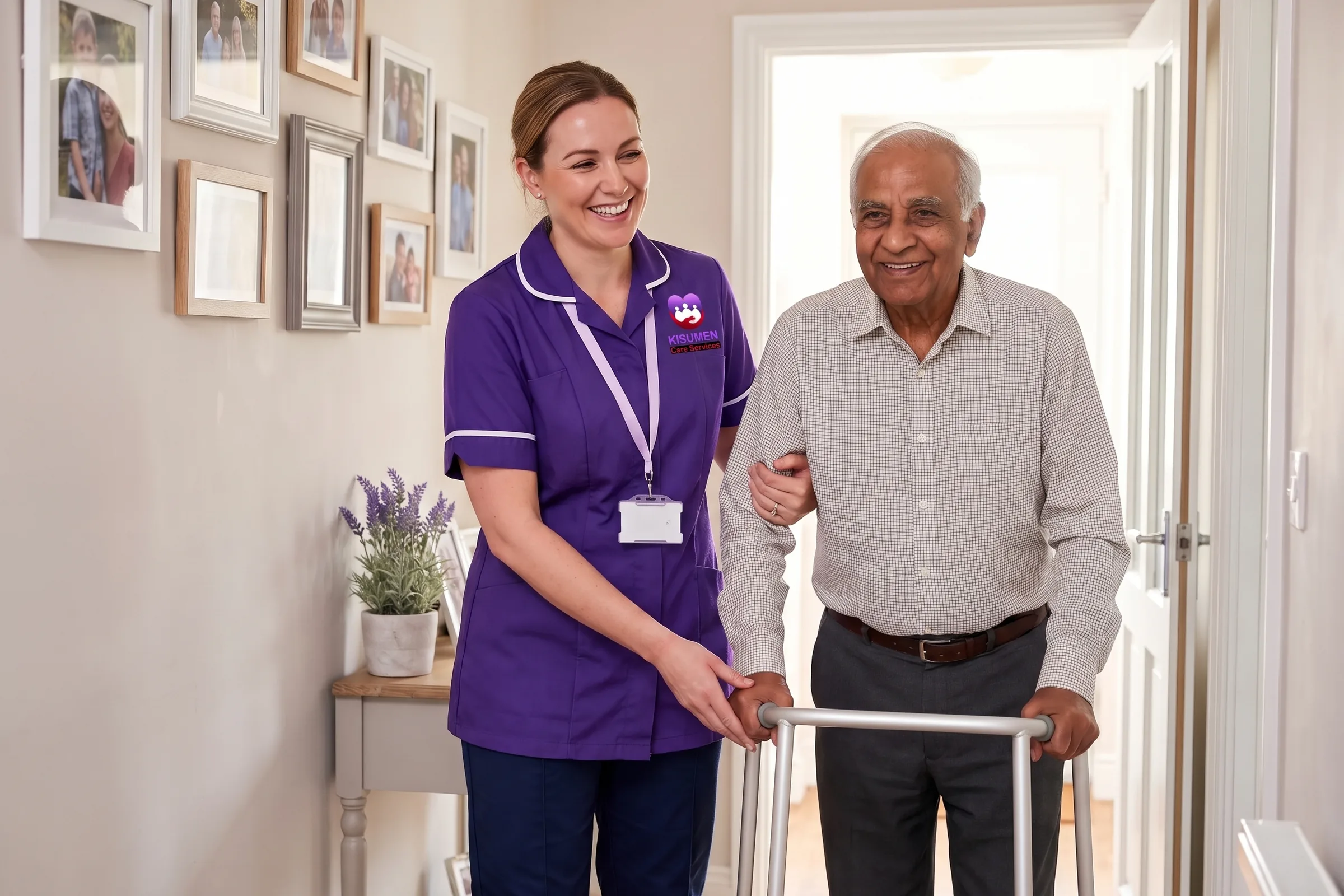 Kisumen domiciliary carer helping an elderly man walk safely with his frame at home in Kent