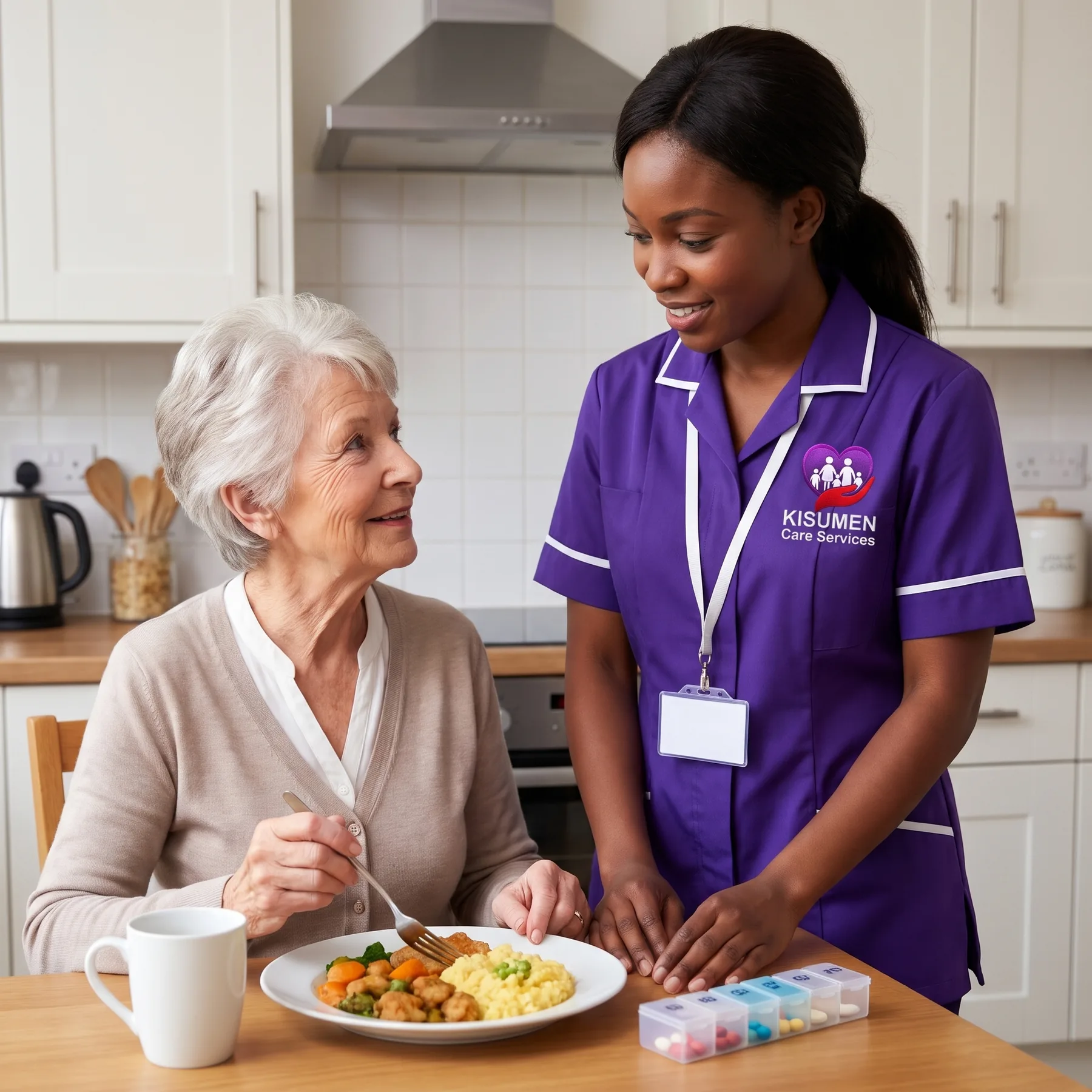 Kisumen carer serving breakfast and supporting medication during a morning home care visit