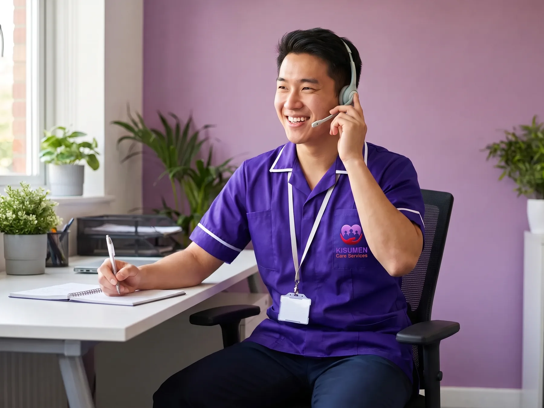 Friendly Kisumen care coordinator answering a family's call about home care