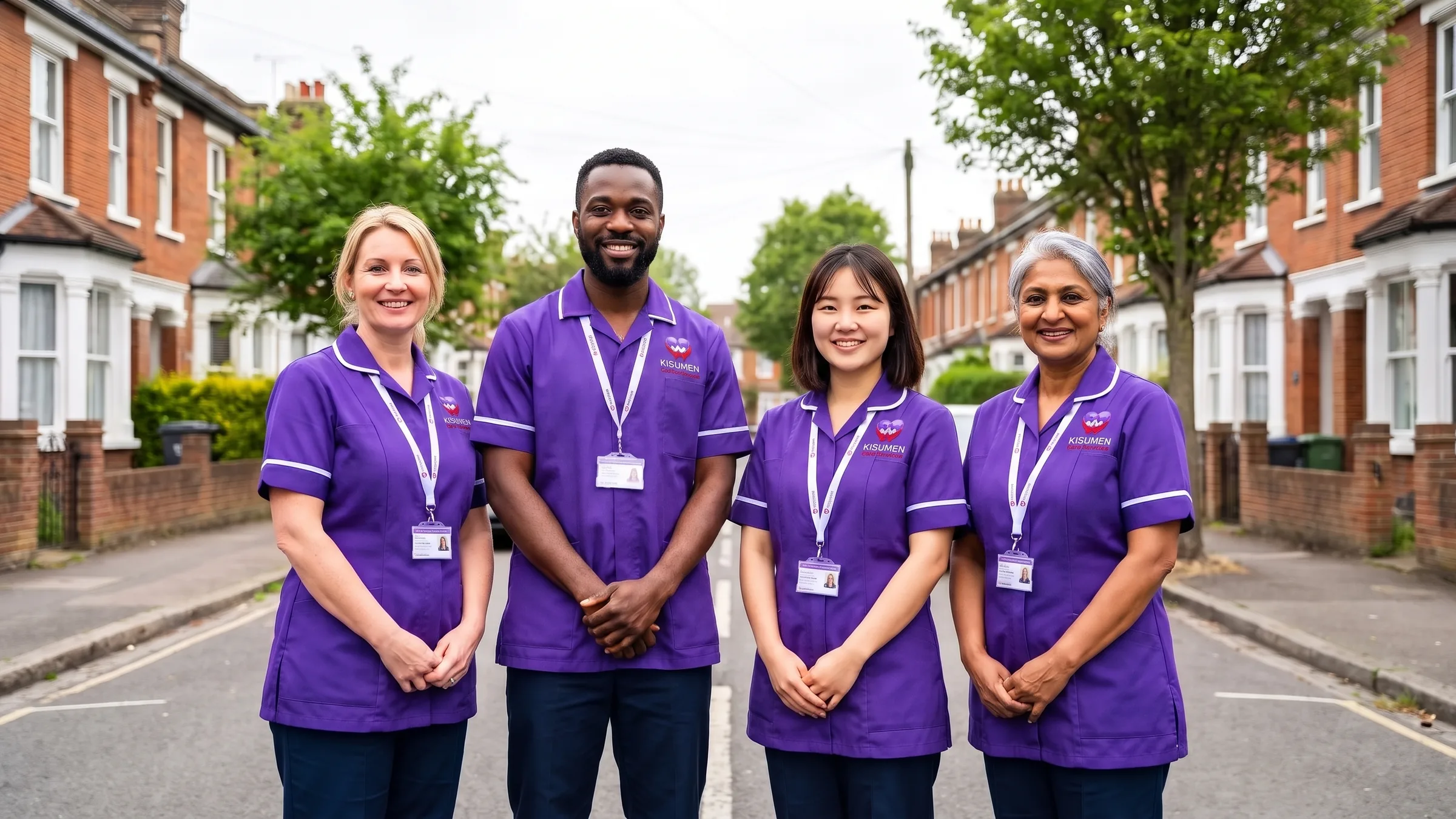 Kisumen carers in purple uniforms standing together on a residential street