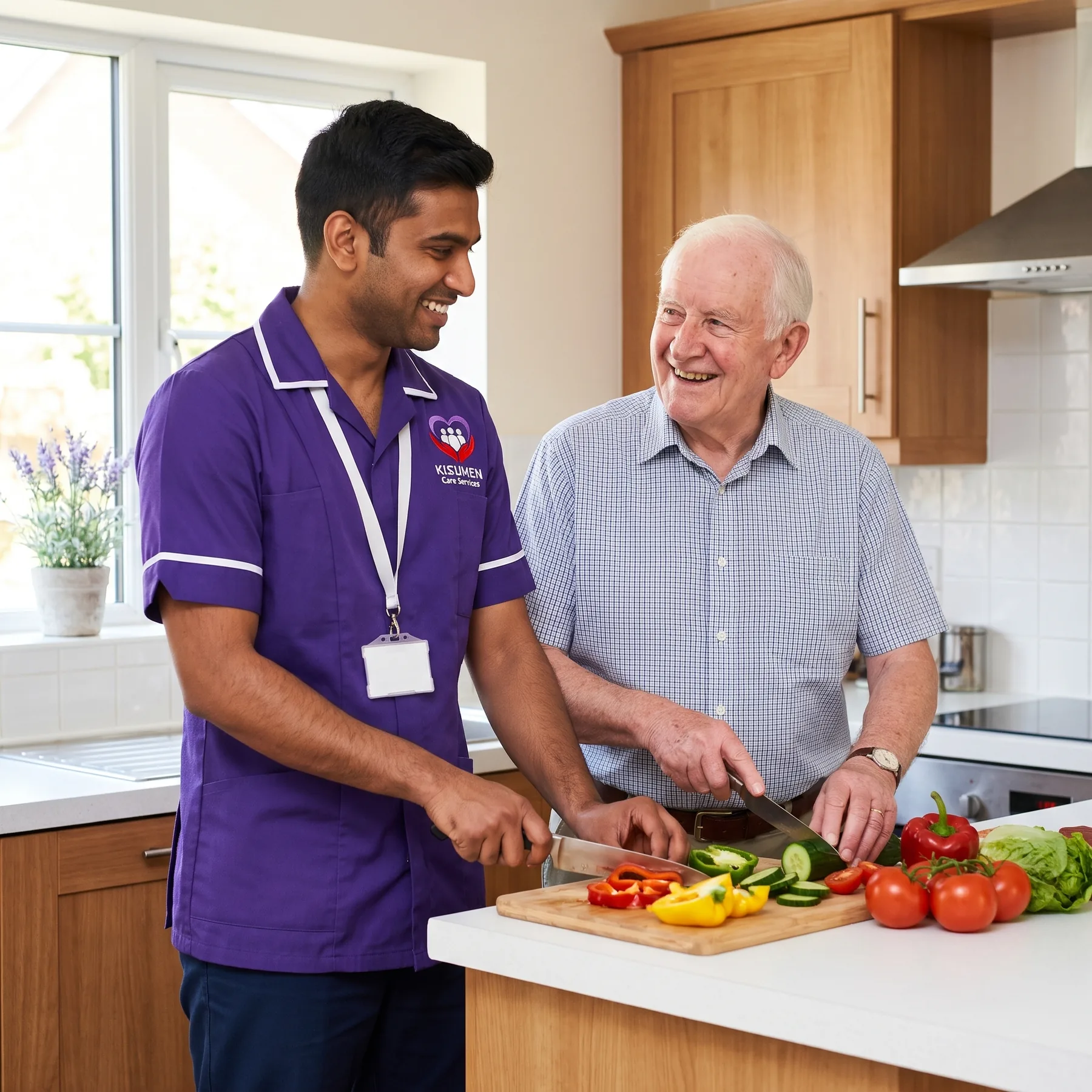 Kisumen carer helping an older man prepare a healthy meal at home as part of domiciliary care