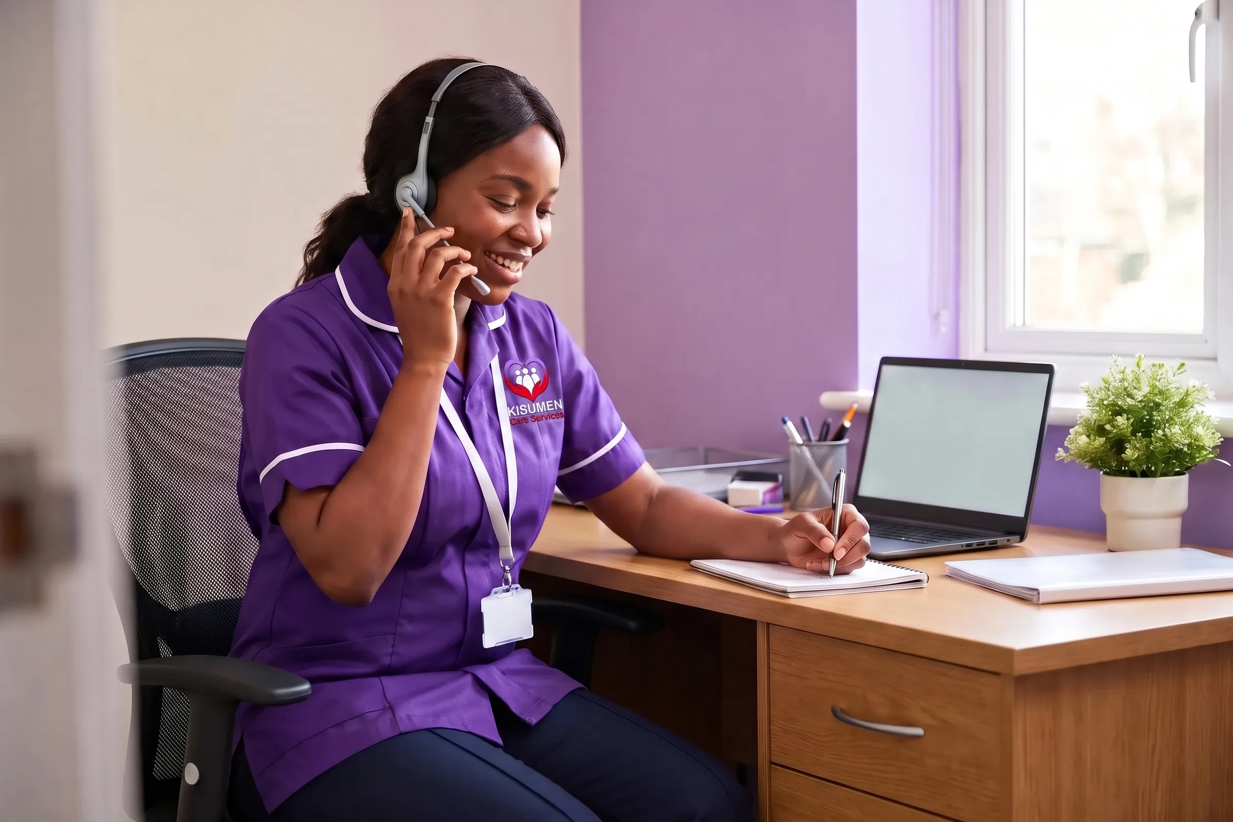 Kisumen care coordinator taking a first call from a family arranging home care in Kent