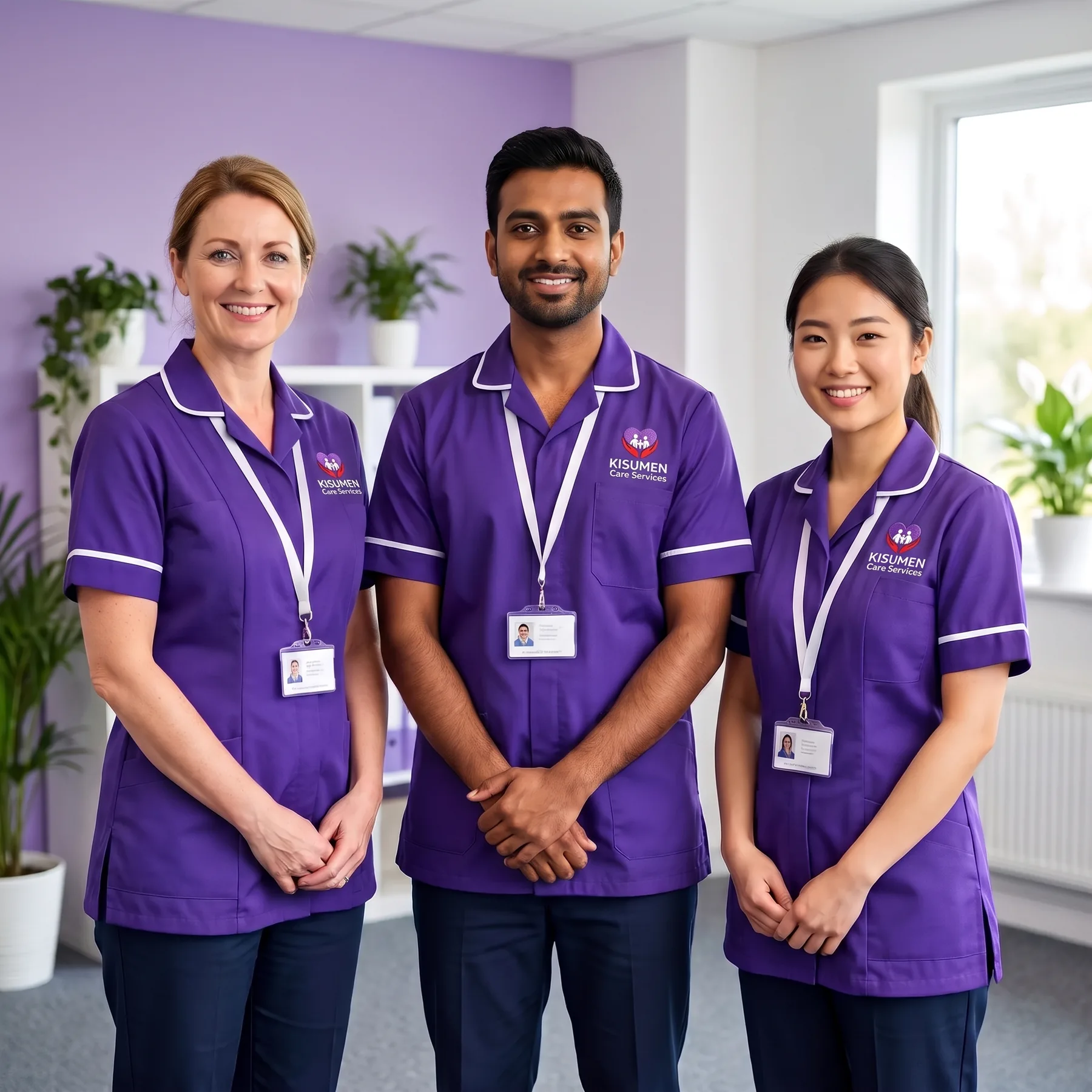 Kisumen Care Services Kent and Medway team in purple uniforms at their Chatham office