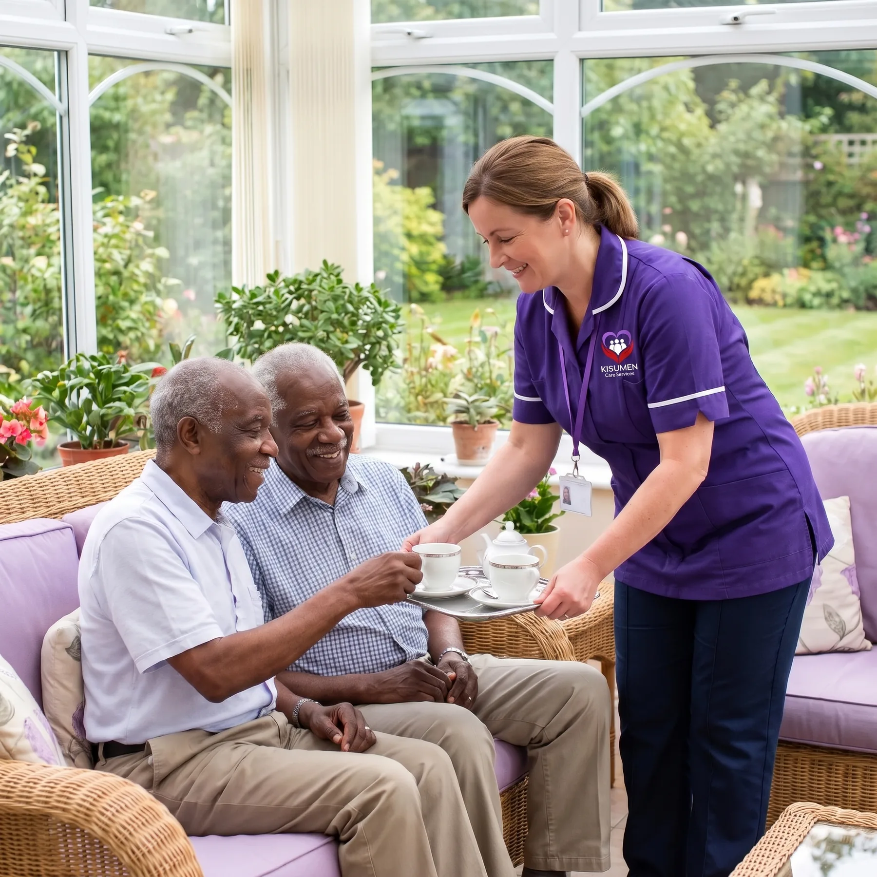 Elderly couple enjoying afternoon tea at home with their Kisumen live-in carer