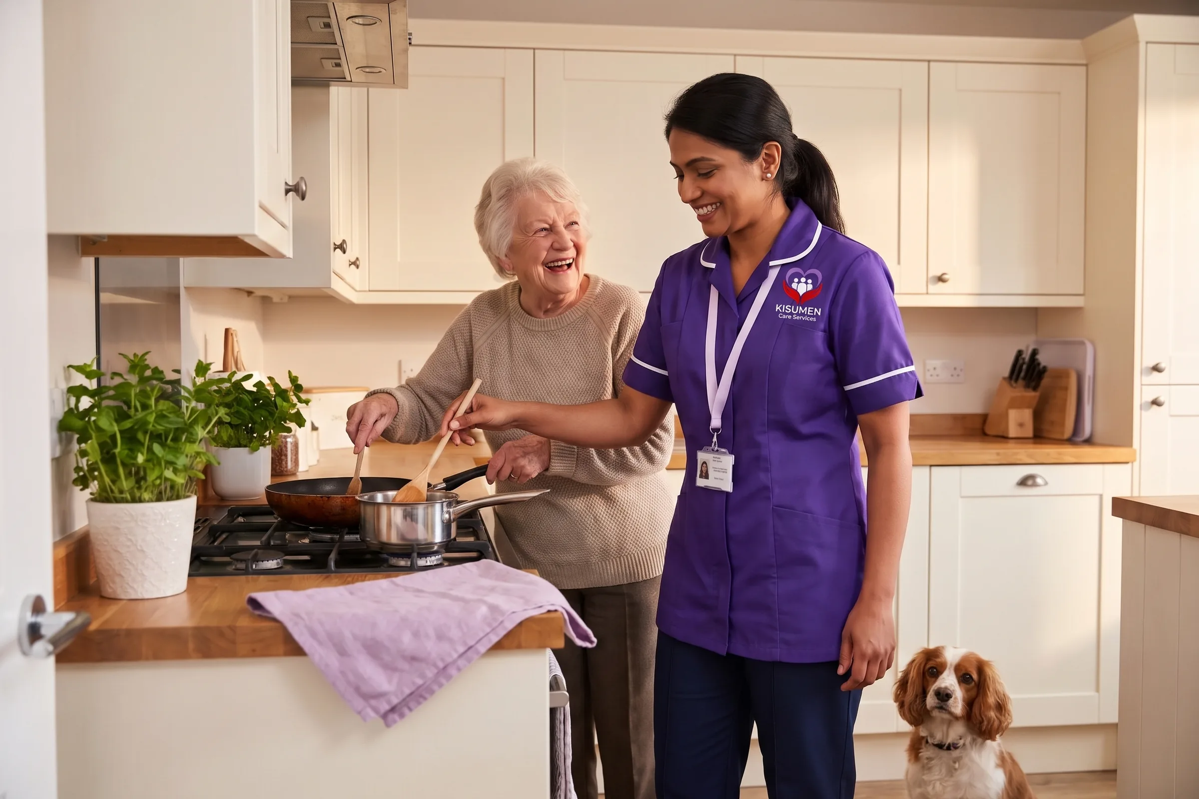 Kisumen live-in carer cooking a homemade meal with an elderly woman in her own kitchen