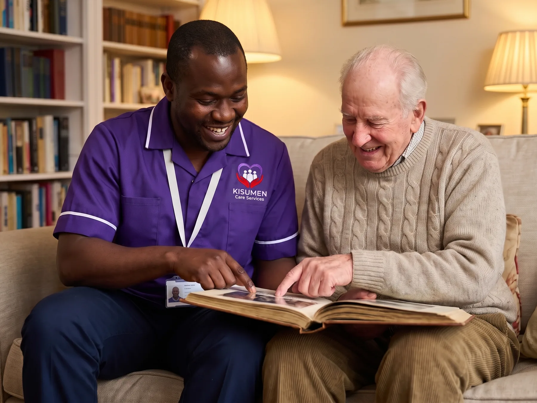 Live-in carer from Kisumen sharing a photo album with an older gentleman he has been matched with