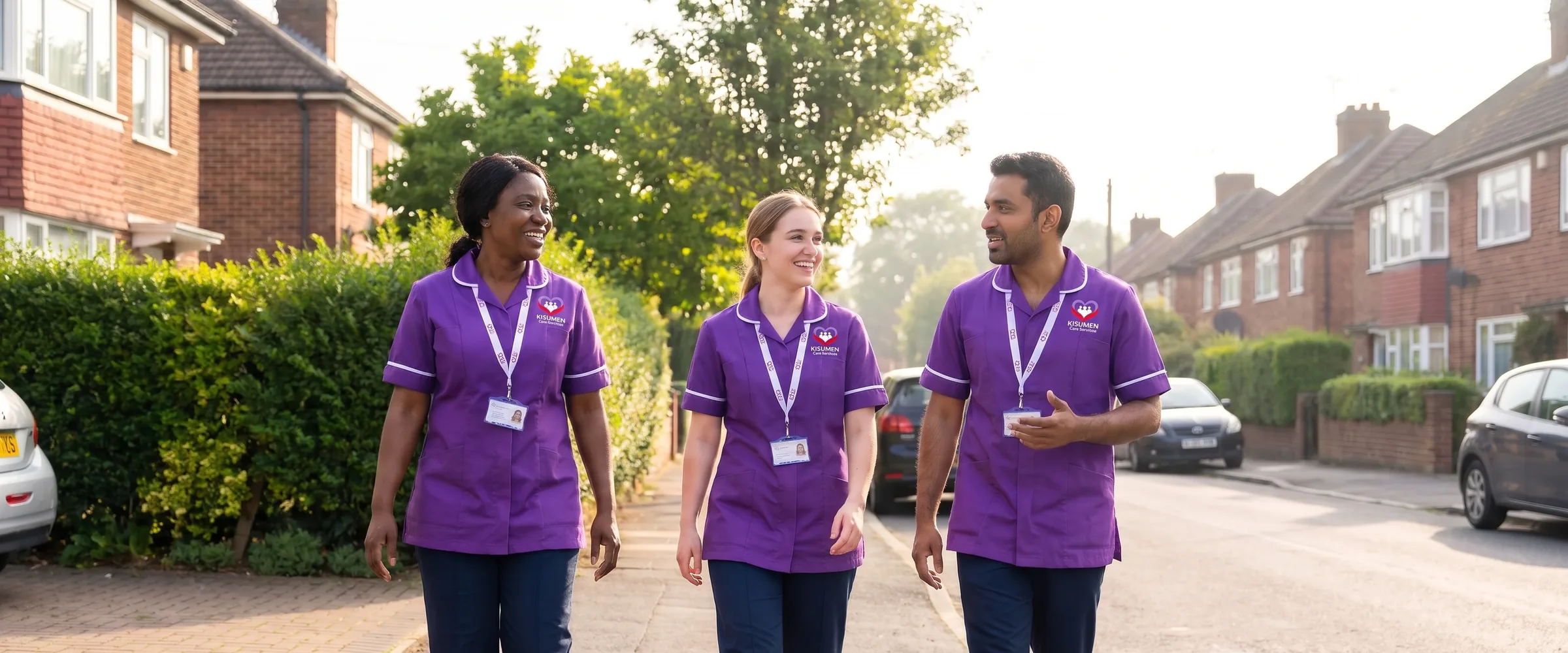 Three Kisumen carers in purple uniforms walking together to home care visits in Kent