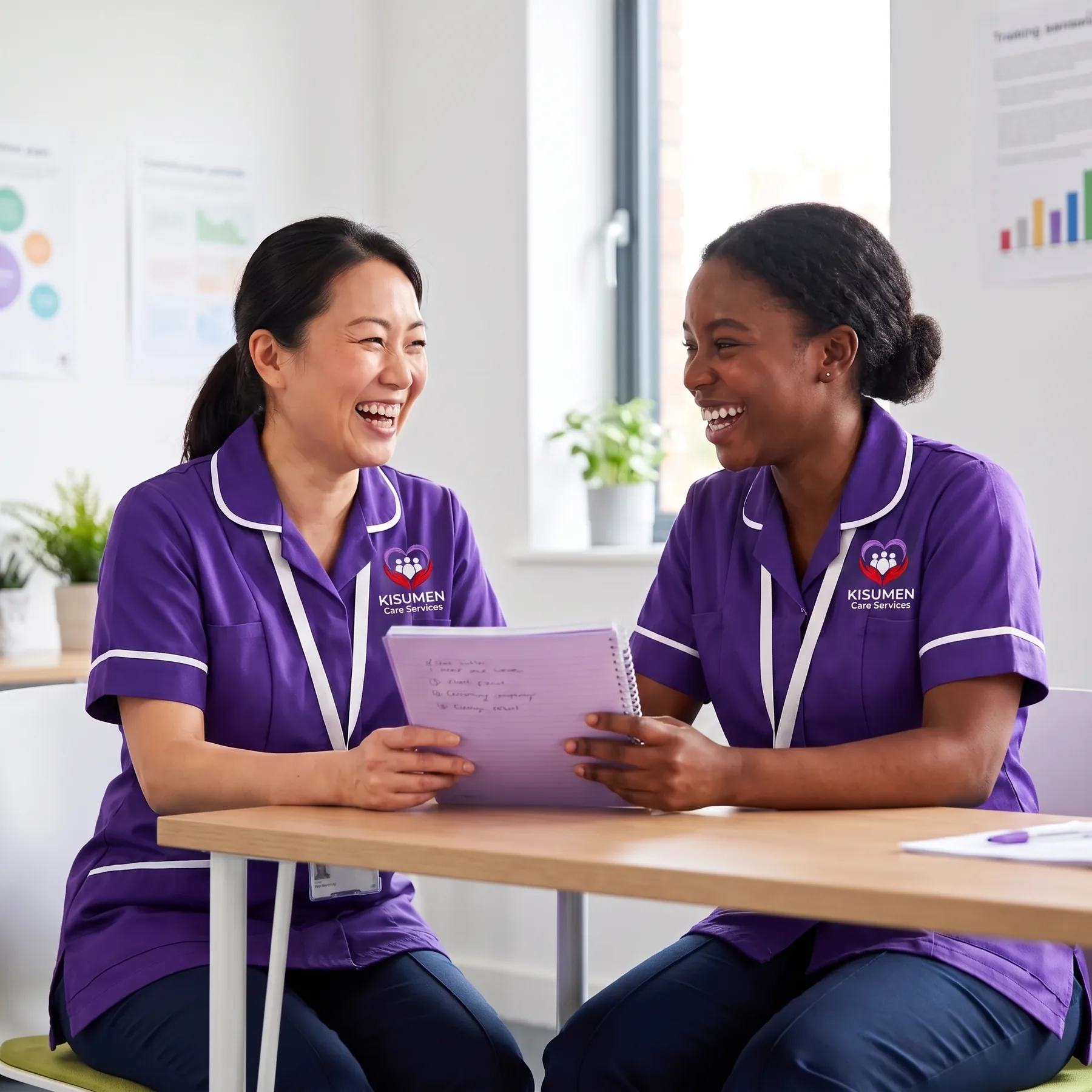 Two Kisumen carers supporting each other while reviewing care notes together