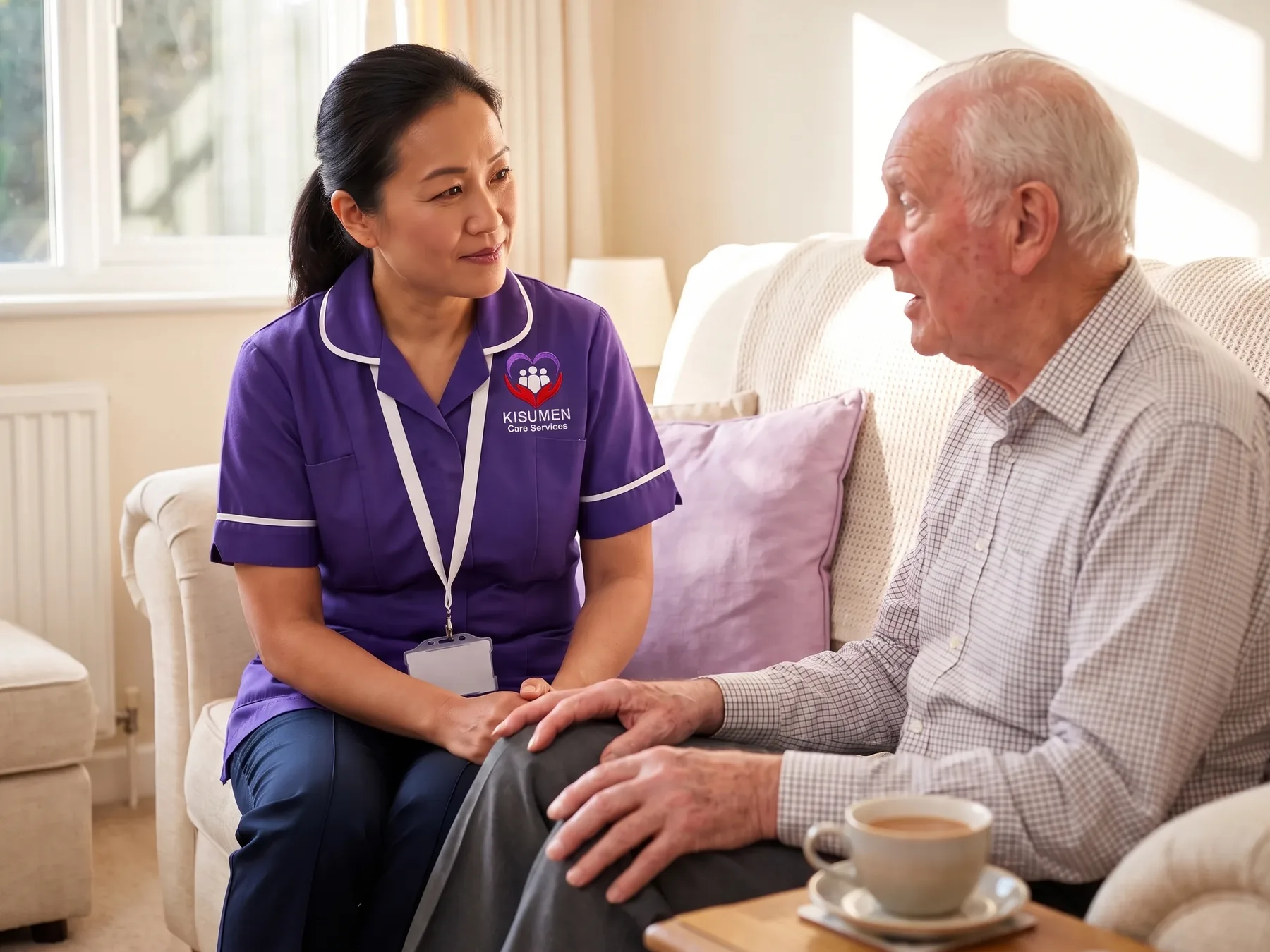 Kisumen carer listening closely to an older man, showing safe and trusted care at home