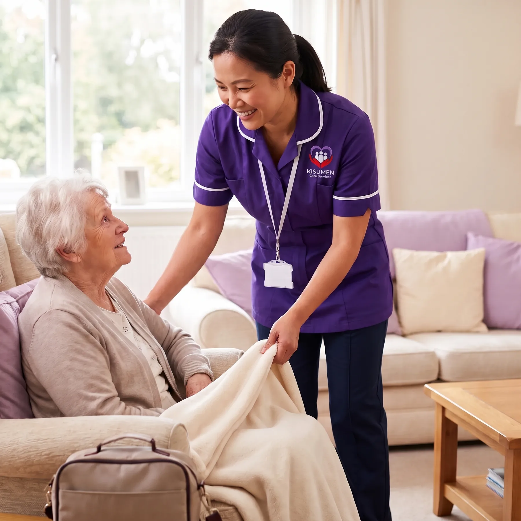 Kisumen carer helping an elderly woman settle back at home after a hospital stay