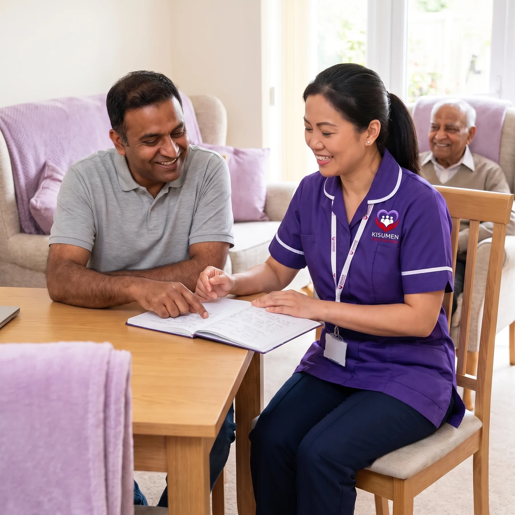 Kisumen carer learning an elderly father's routine from his son before a respite care break